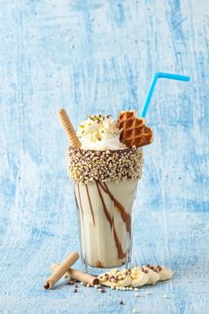 Chocolate milkshake with banana on blue background