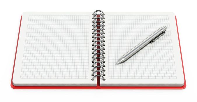 Spiral notepad with blank pages and ball point pen. 3D illustration.