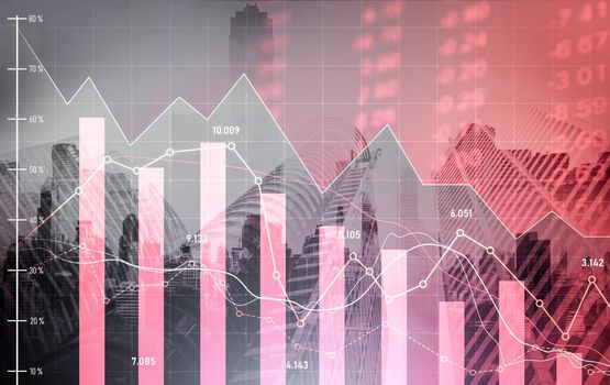 Economic crisis concept shown by digital indicators and graphs falling down with modernistic urban, city area. Double exposure. Stock market crash concept.