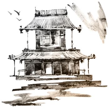 Watercolor and ink sketch - illustration of pagoda building with clouds, oriental traditional sumi-e painting