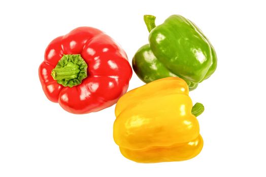Fresh sweet yellow, green and red pepper isolated on white background