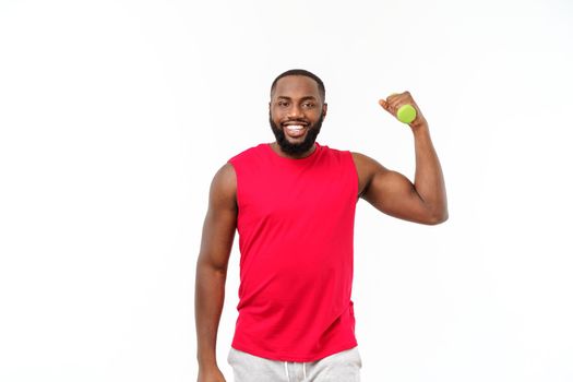 Young fitness african black man in sport wear cheering carefree and excited. Victory concept