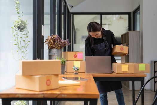 Portrait asian female entrepreneurs and online sales. self-employed, working at home with a small business owner