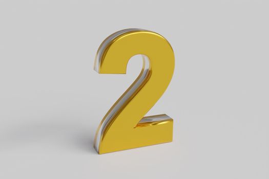 Glossy letter number Two 3D render gold font with silver outline isolated over white background with shadow and reflection. Clipping path included.