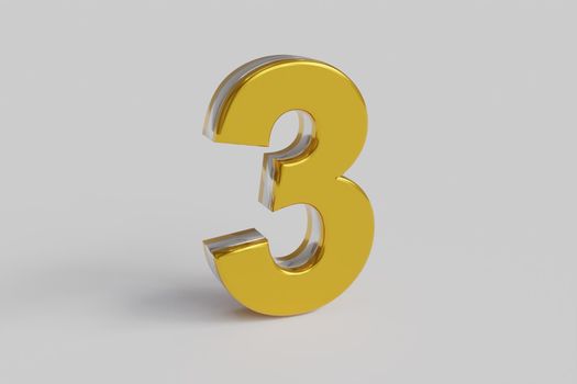 Glossy letter number Three 3D render gold font with silver outline isolated over white background with shadow and reflection. Clipping path included.