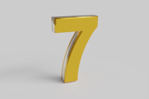 Glossy letter number Seven 3D render gold font with silver outline isolated over white background with shadow and reflection. Clipping path included.