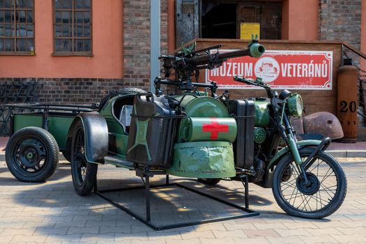 Stare Mesto, Czech Republic 29 April 2022 KOVOZOO original exhibition with animals and technology from recycled old scrap Modern art plus exhibition of historical technology. scrap iron motorbike