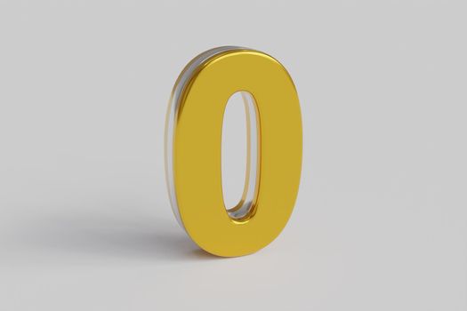 Glossy letter number Zero 3D render gold font with silver outline isolated over white background with shadow and reflection. Clipping path included.