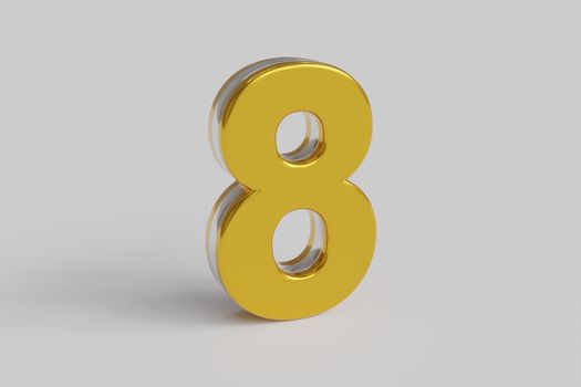 Glossy letter number Eight 3D render gold font with silver outline isolated over white background with shadow and reflection. Clipping path included.