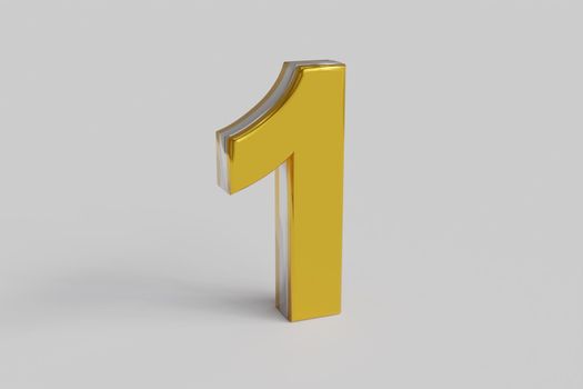 Glossy letter number One 3D render gold font with silver outline isolated over white background with shadow and reflection. Clipping path included.