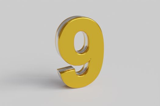 Glossy letter number Nine 3D render gold font with silver outline isolated over white background with shadow and reflection. Clipping path included.