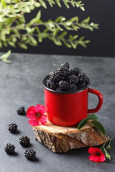 Fresh blackberry in a mug on a wooden stand on a black background with a flower. The concept of natural food.