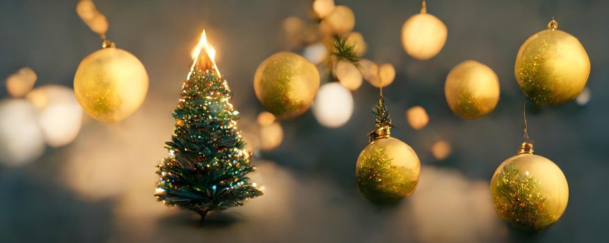 fir twigs with golden christmas balls and small decorated christmas tree on gray background, neural network generated art. Digitally generated image. Not based on any actual scene or pattern.