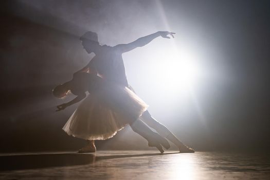 Graceful ballerina and her male partner dancing elements of classical or modern ballet in dark with floodlight backlight. Couple in smoke on black background. Art concept