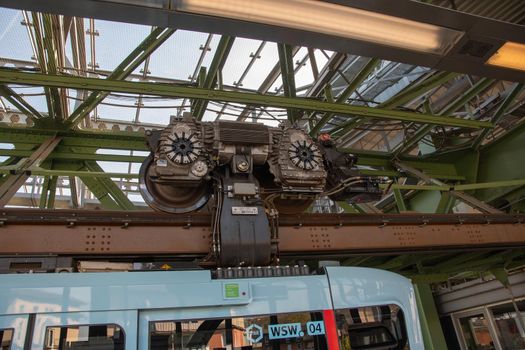 Wuppertal Suspension Railway train in Germany. The unique electric monorail system is Wuppertal's landmark. North Rhine-Westphalia, High quality photo