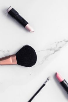 Modern feminine lifestyle, blog background and styled stock concept. Beauty and fashion inspiration - Make-up and cosmetics flatlay on marble