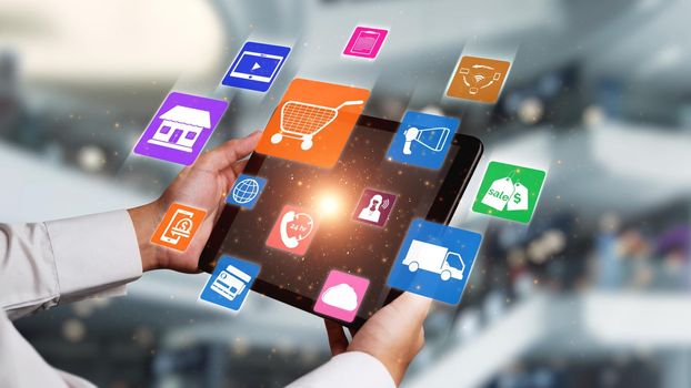 Omni channel technology of online retail business approach. Multichannel marketing on social media network offer service of internet payment channel, online retail shopping and omni digital app