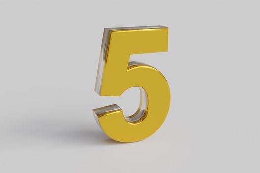 Glossy letter number Five 3D render gold font with silver outline isolated over white background with shadow and reflection. Clipping path included.