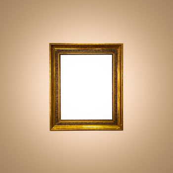 Antique art fair gallery frame on beige wall at auction house or museum exhibition, blank template with empty white copyspace for mockup design, artwork concept