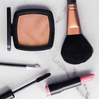 Modern feminine lifestyle, blog background and styled stock concept. Beauty and fashion inspiration - Make-up and cosmetics flatlay on marble