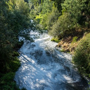 View from the top of the bridge of white foam pollutants swirling across the water surface floating on river Caima, Palmaz - Oliveira de Azemeis - Portugal.