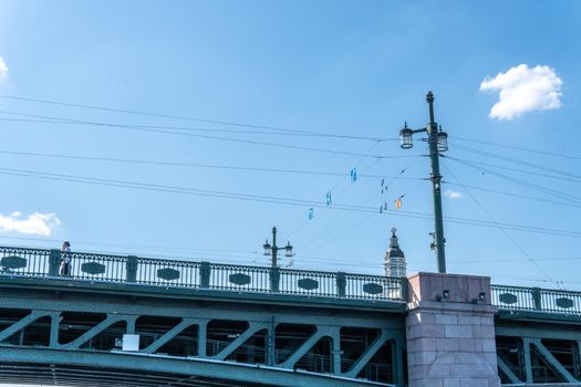 RUSSIA, PETERSBURG - AUG 20, 2022: bridge florida petersburg tampa sunshine usa bay structure cityscape, for city saint in sky from neva road, saint blue. Construction design light,