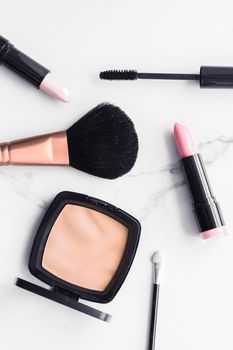 Modern feminine lifestyle, blog background and styled stock concept. Beauty and fashion inspiration - Make-up and cosmetics flatlay on marble