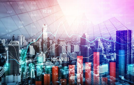 Financial graphs and digital indicators overlap with modernistic urban area, skyscrabber for stock market business concept. Double exposure.