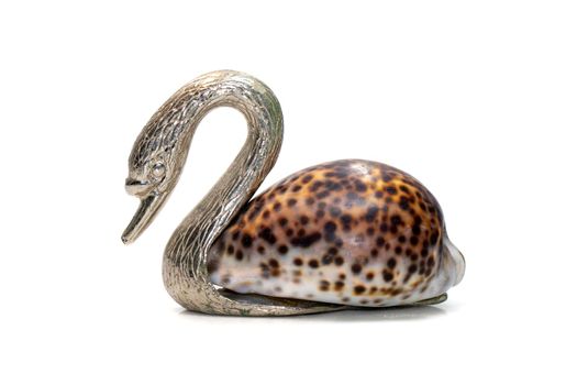 Image of swan sculpture with shells as part of its body. isolated on white background. Home decoration