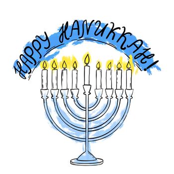 Hand drawn illustration of hannukah menorah with happy hannukah greeting . Burning blue yellow candles simple minimalist outline, judaism jew israeli design, religious religion hebrew print