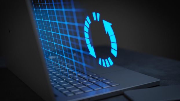 Loading digital technology on a dark laptop with hologram effects 3D Render