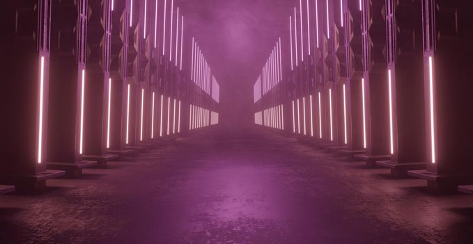 Purple Light Hallway Underground Hall Corridor Tunnel Led Lights Laser Background 3D Illustration