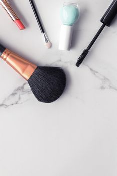 Modern feminine lifestyle, blog background and styled stock concept. Beauty and fashion inspiration - Make-up and cosmetics flatlay on marble