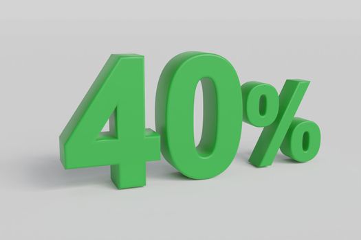 40% off on sale. Fourty percent 3D render green font isolated over white background with shadow and reflection. Clipping path included.