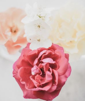 Wedding decor, floral background and beautiful home garden concept - Vintage roses on marble