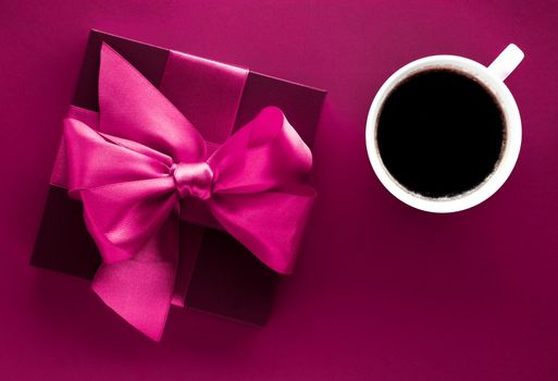 Romantic present, cafe backdrop and drink concept - Coffee cup and luxury gift box flatlay background