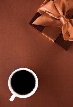 Romantic present, cafe backdrop and drink concept - Coffee cup and luxury gift box flatlay background