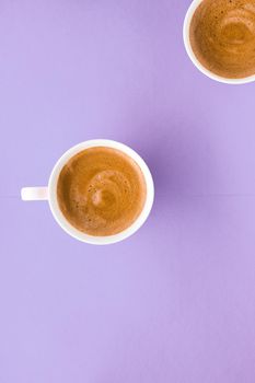 Breakfast, drinks and cafe menu concept - Coffee cup on purple background, top view flatlay