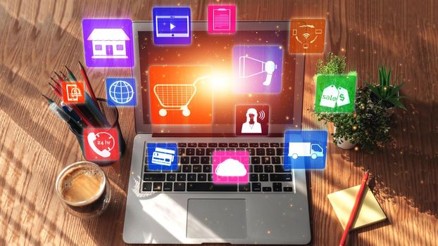 Omni channel technology of online retail business approach. Multichannel marketing on social media network offer service of internet payment channel, online retail shopping and omni digital app