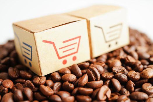 Shopping cart box on coffee beans, shopping online for export or import.
