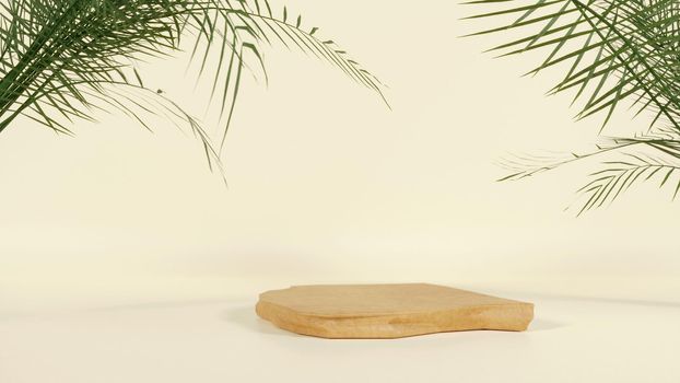 Stone product display podium blurred tropical palm leaves on beige background. 3D rendering