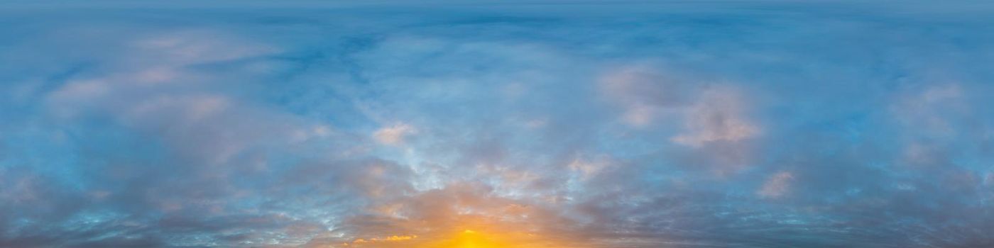 Dark blue twilight sky panorama with Cumulus clouds. Seamless hdr 360 panorama in spherical equiangular format. Full zenith or sky dome for 3D visualization, sky replacement for aerial drone panoramas