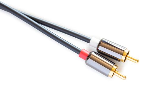 Gold-plated audio cable RCA to Jack 3.5 mm, isolated on white background