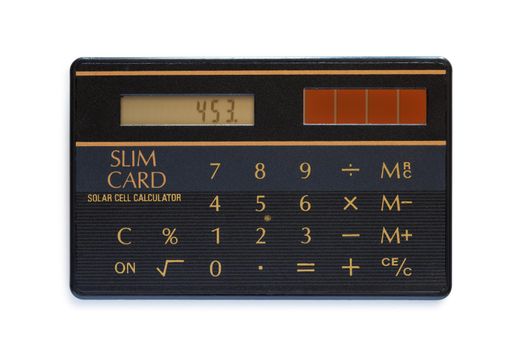 Old solar cell calculator isolated on white backghround