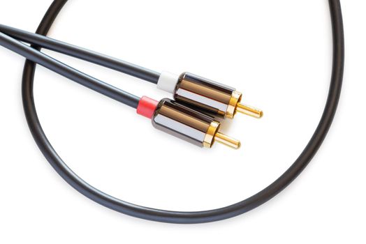 Gold-plated audio cable RCA to Jack 3.5 mm, isolated on white background