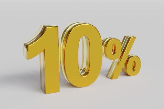 10% off on sale. Ten percent 3D render gold font with silver outline isolated over white background with shadow and reflection. Clipping path included.