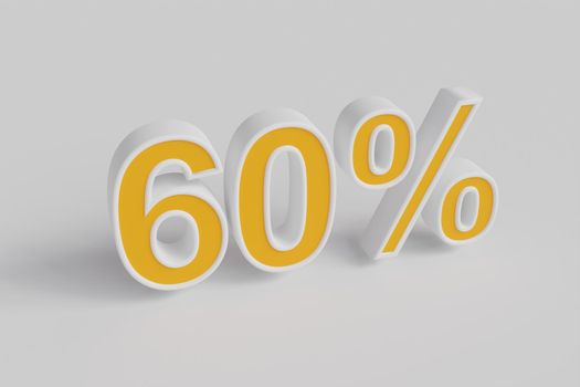 60% off on sale. Sixty percent 3D render orange font with white outline isolated over white background with shadow and reflection. Clipping path included.