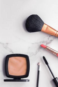 Modern feminine lifestyle, blog background and styled stock concept. Beauty and fashion inspiration - Make-up and cosmetics flatlay on marble