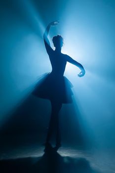 Ballet dancer in tutu performing, dancing on stage. Ballerina practices on floor in dark studio with smoke. Neon light. High quality photo