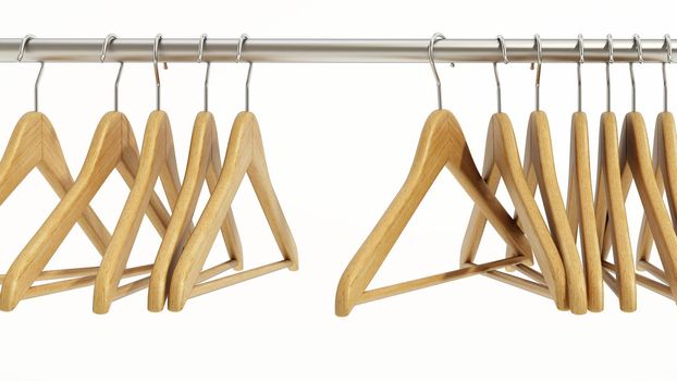Wooden cloth hangers on the bar. 3D illustration.
